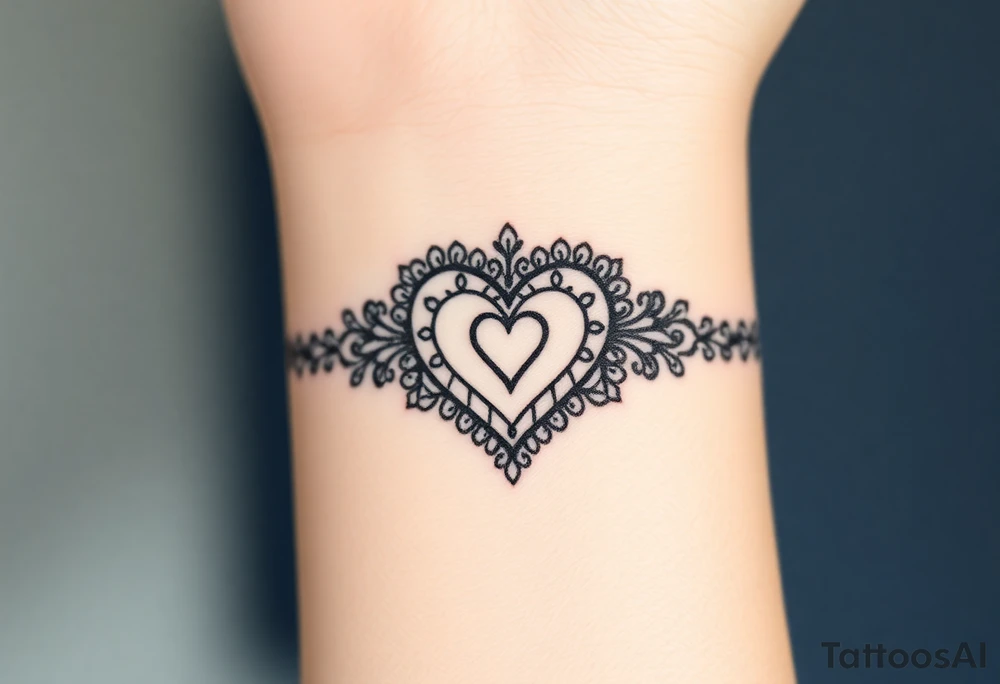 A heart-shaped lace pattern bracelet in black and silver, with a delicate filigree border tattoo idea