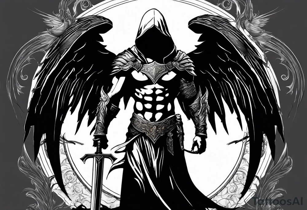 Micheal the arc angel standing holding a sword in front of his self wearing a cloak laying in a way you can see his battle torn armor and visibly beaten wings with a hood that just covers his eyes tattoo idea