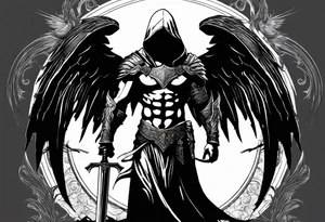 Micheal the arc angel standing holding a sword in front of his self wearing a cloak laying in a way you can see his battle torn armor and visibly beaten wings with a hood that just covers his eyes tattoo idea