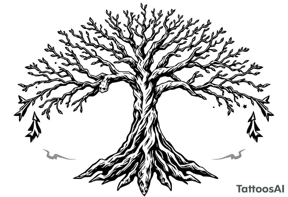 mystical tree of life with cosmic roots and celestial branches tattoo idea