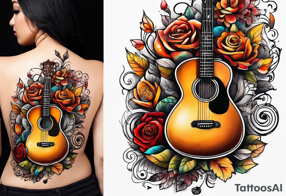 thigh tattoo with fall colors, music notation, flowers, roses and a guitar tattoo idea