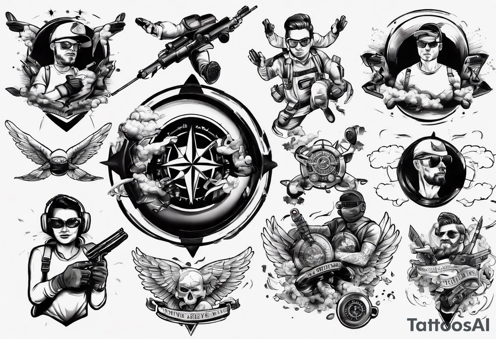 skydiving, shooting guns, compass, adventure tattoo idea