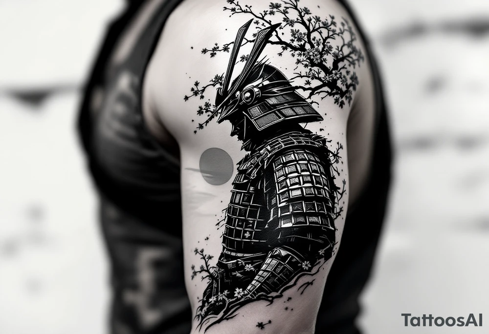 noble samurai warrior silhouette at sunset with cherry blossoms tattoo idea