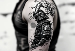 noble samurai warrior silhouette at sunset with cherry blossoms tattoo idea