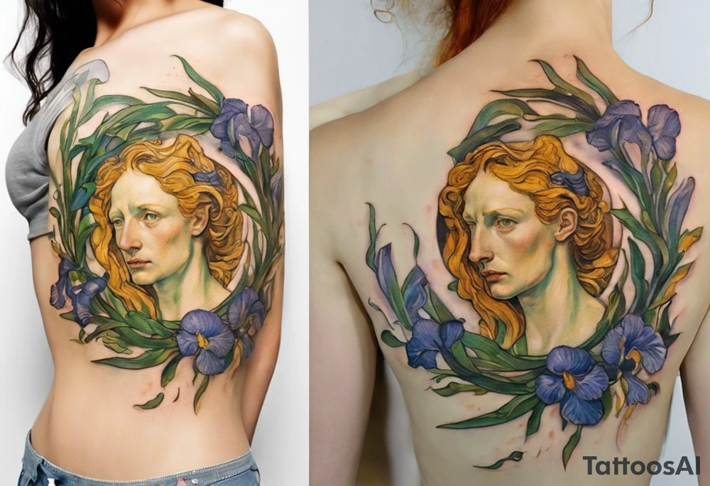 Create a colorful Vincent van Gogh Irises tattoo with a ancient greek female statue in the middle. The tattoo should take the form of a crescent, with vines gracefully intertwining at a central point in the middle of the wreath.  The intended placement is on the upper chest. The overall design should be small in size while maintaining a delicate and artistic aesthetic. Pay attention to the graceful flow of the vines and the placement of the irises to achieve a refined and elegant look. tattoo idea