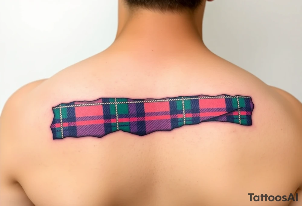 arm Dark Purple with green pink blue and white highlights tartan fabric with flesh peeling away at edges tattoo idea