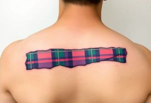 arm Dark Purple with green pink blue and white highlights tartan fabric with flesh peeling away at edges tattoo idea