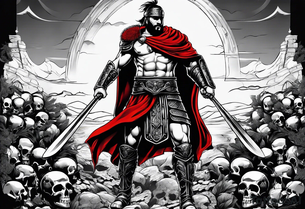 gladiator with red clothes, skulls on the ground tattoo idea