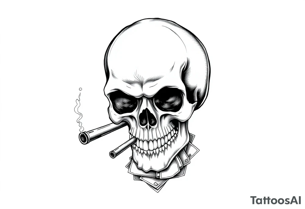 skull with cigar in his mouth,a mustache,a top-hat and money in a hand. tattoo idea