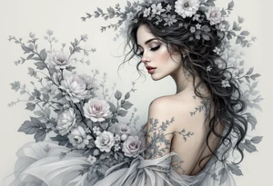 Alfons Mucha’s fairytale woman surrounded by icy floral motifs, wearing a gown of dusty silver and hints of lilac. tattoo idea