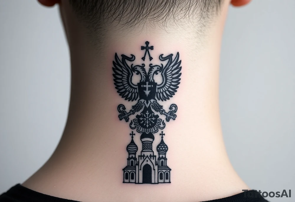 Stacked Vertical Column 

Russian star — bold
Middle: double-headed eagle — simplified, cleaner lines to suit the smaller space
Bottom: Orthodox church dome(s) & a Virgin Mary silhouette beneath tattoo idea