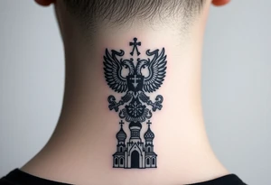 Stacked Vertical Column 

Russian star — bold
Middle: double-headed eagle — simplified, cleaner lines to suit the smaller space
Bottom: Orthodox church dome(s) & a Virgin Mary silhouette beneath tattoo idea