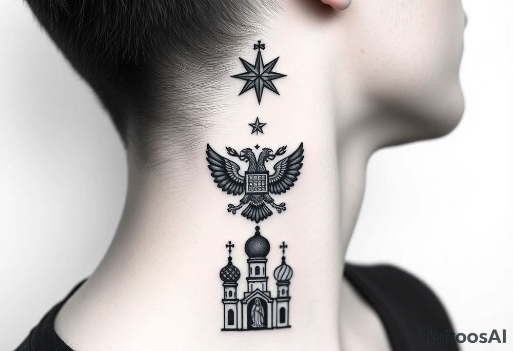 Stacked Vertical Column 

Russian star — small, bold
Middle: Miniature double-headed eagle — simplified, cleaner lines to suit the smaller space
Bottom: Orthodox church dome(s) with a small Virgin Mary silhouette beneath tattoo idea