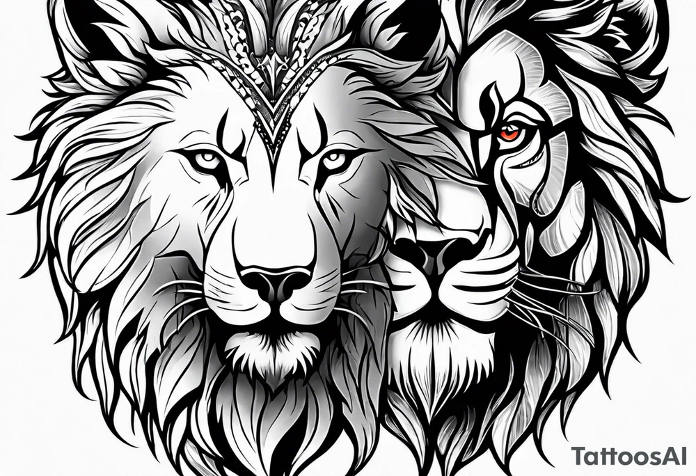 A wolf and a lion facing each other, representing strength and love tattoo idea A wolf and a lion facing each other, representing strength and love tattoo idea