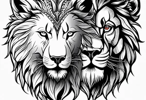 A wolf and a lion facing each other, representing strength and love tattoo idea