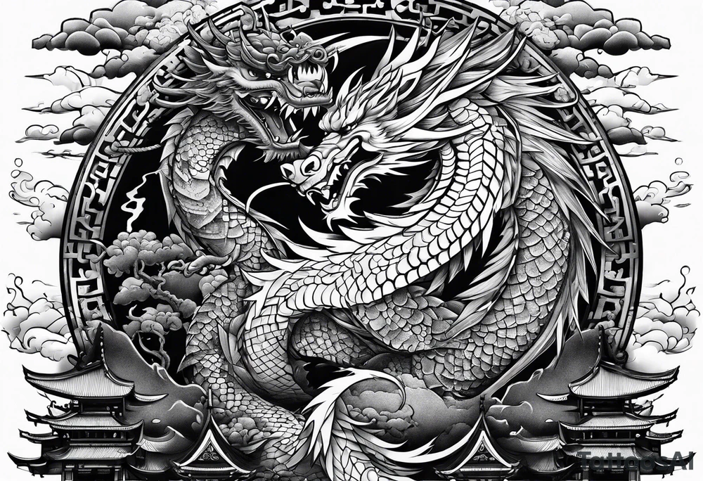 Dragón and samurai in zen circule, tori gate tattoo idea
