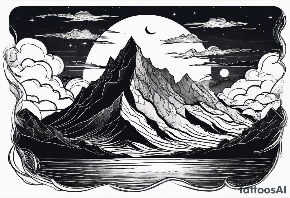 Mountain Range coming Out of the sea and Clouds. Sunrise in Front of it. Half moon and night Sky above the Mountains. tattoo idea