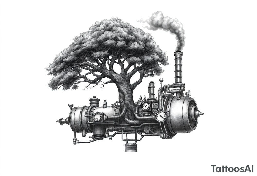 tree growing out of a v shaped engine with lots of pipes, guages and steam around the engine 
 with a smoke stack coming out of the top 
 billowing black smoke as if the tree and engine were a flying machine flying through the air 
 with an extreme steam punk vibe alot more steam punk 
it should look somewhat like a hot air baloon where the tree is the balloon and the machine is the basket but they are together as one unit, and the sky should have clouds in the back ground as if it were chugging along flying through the sky and needs to look extremely steam punk
the smoke stack should be coming out of the tree and the smoke should be trailing behind the machine 
the tree is the actual smoke stack for the machine tattoo idea