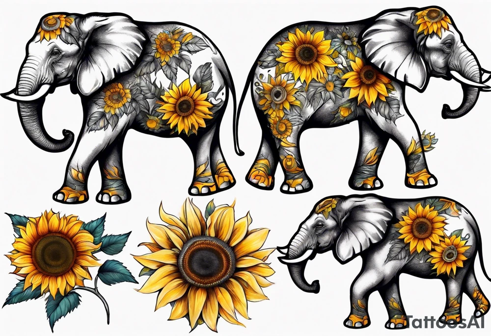 Elephant with Raised trunk and sunflower tattoo idea