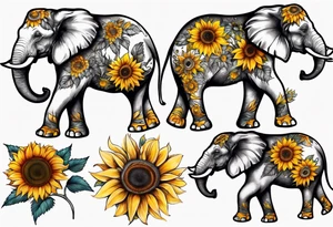 Elephant with Raised trunk and sunflower tattoo idea