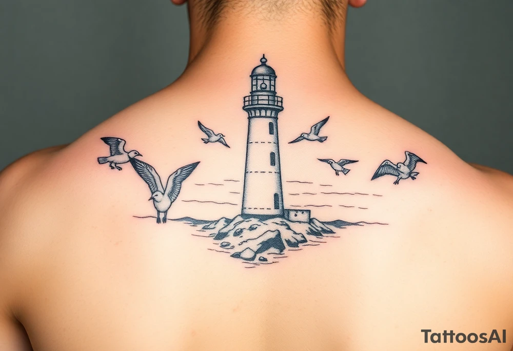 Baltic Sea tattoo with lighthouse surrounded by seagulls tattoo idea