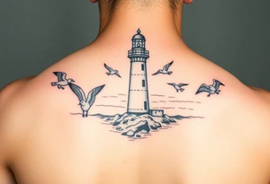 Baltic Sea tattoo with lighthouse surrounded by seagulls tattoo idea