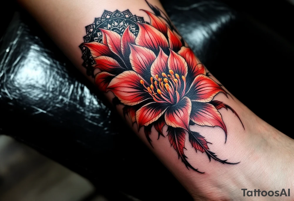 red  and black rhododendron trippy with mandala behind tattoo idea