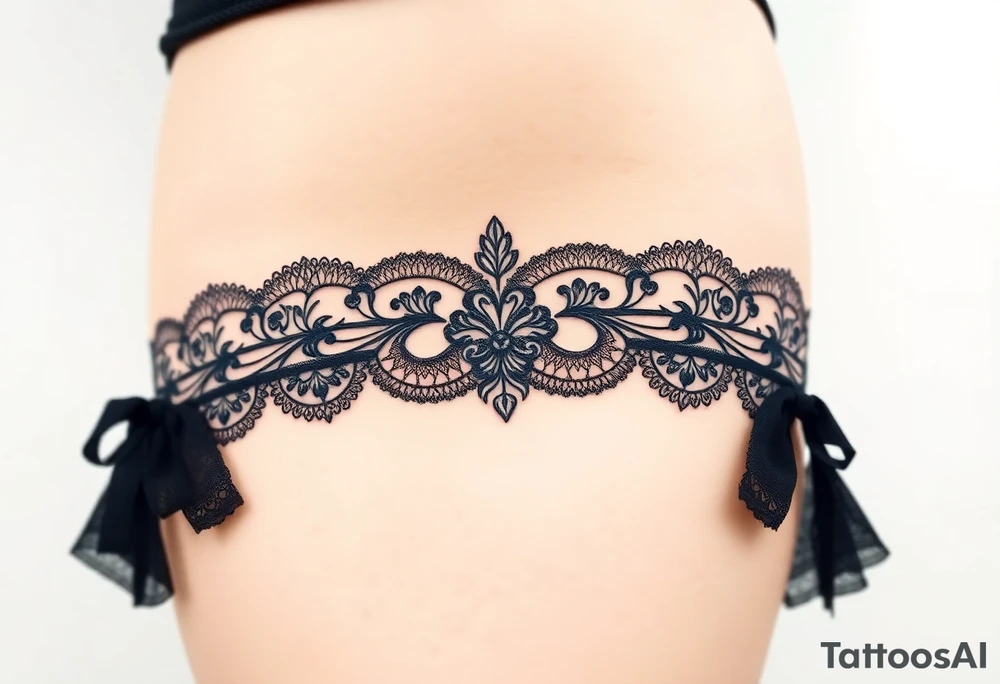 A negative space garter tattoo design, where the lace details are subtly left out tattoo idea