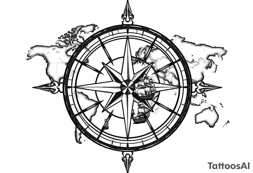 antique compass rose overlaid on weathered world map with sailing ships tattoo idea