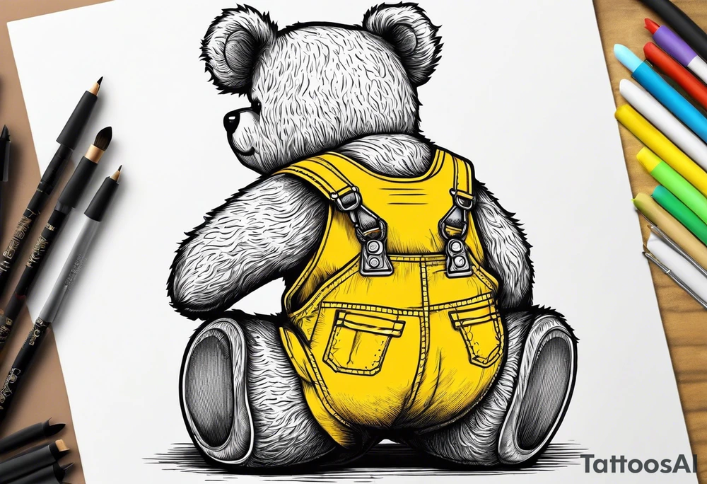 the back of a standing teddy bear in yellow overalls tattoo idea
