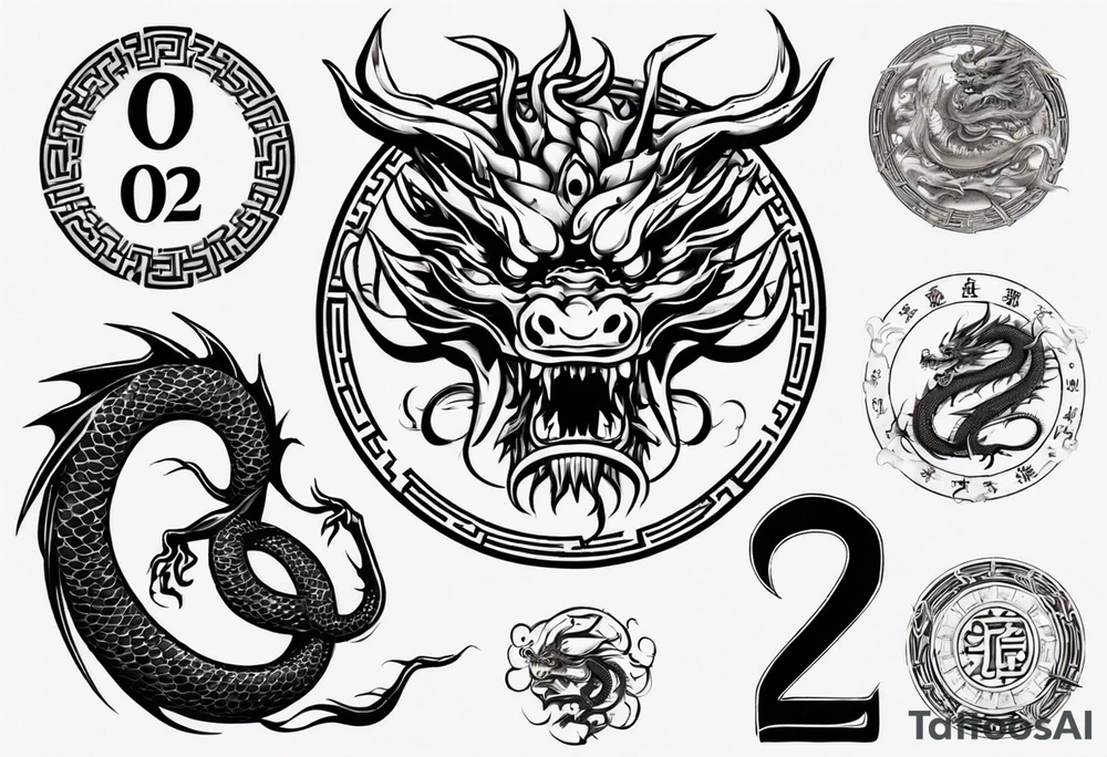 Chinese dragon in a circular shape with "02.03" written on its skin tattoo idea