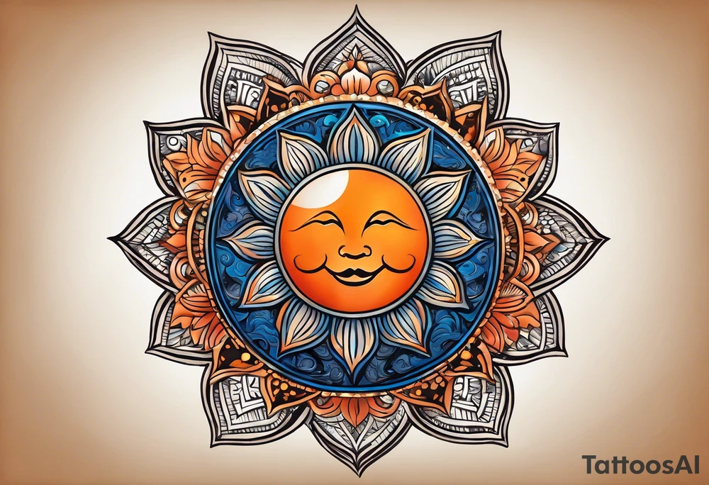 I'd like a tattoo of an orange sun with a blue om symbol superimposed on it. The sun should be behind the ohm symbol. tattoo idea