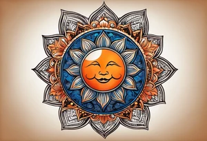 I'd like a tattoo of an orange sun with a blue om symbol superimposed on it. The sun should be behind the ohm symbol. tattoo idea