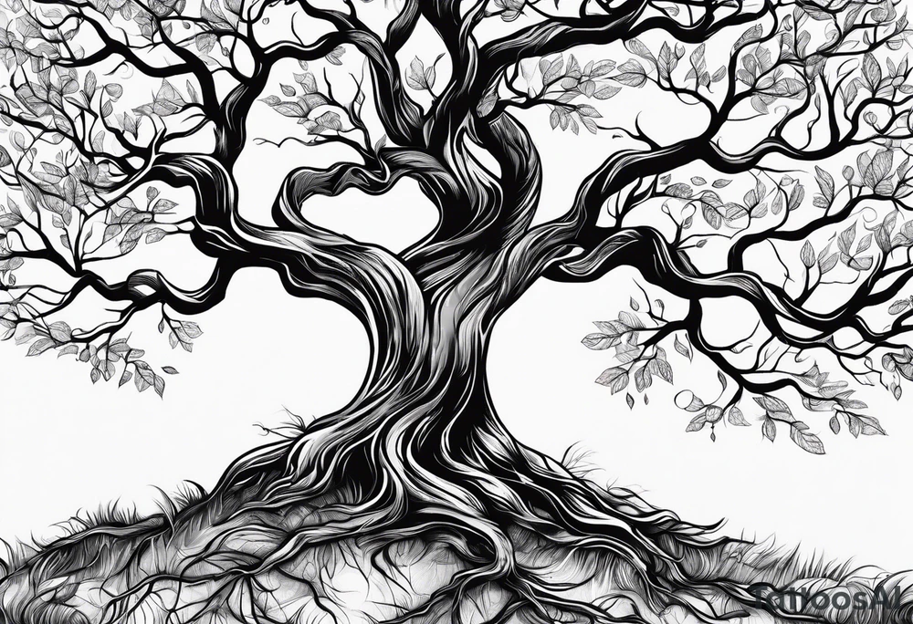 Tree with branches for children and grandchildren’s names with roots wrapping around wrist and tree extending to just below elbow tattoo idea