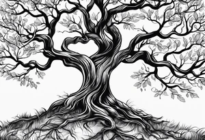 Tree with branches for children and grandchildren’s names with roots wrapping around wrist and tree extending to just below elbow tattoo idea