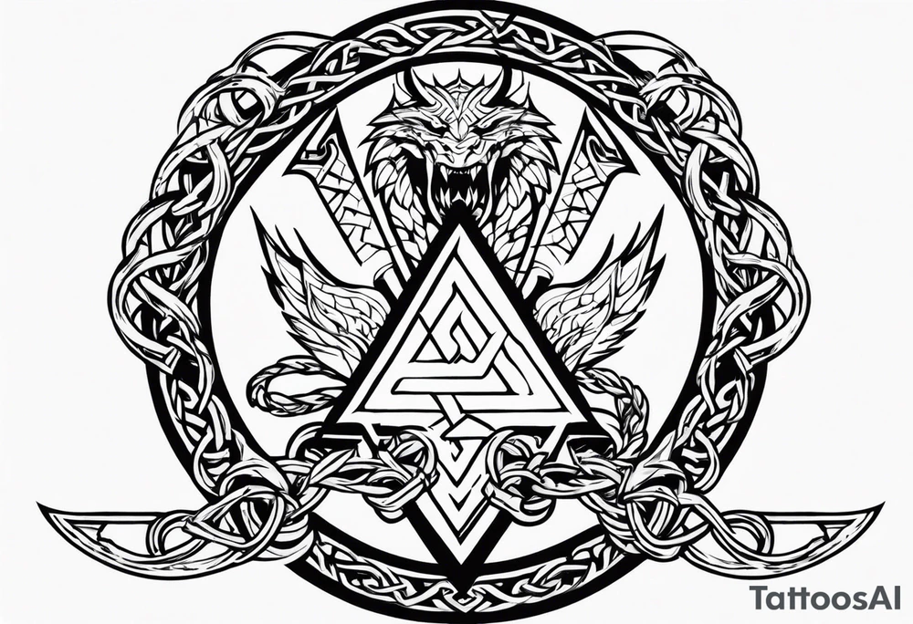 Valhalla sword shield dragon axe Valknut barbed wire chains tribal tattoo idea Valhalla sword shield dragon axe Valknut barbed wire chains tribal tattoo idea