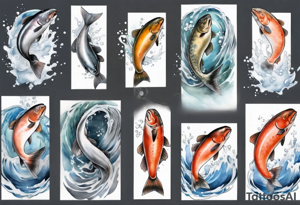 realistic salmon in grey water tattoo idea