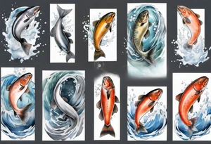 realistic salmon in grey water tattoo idea