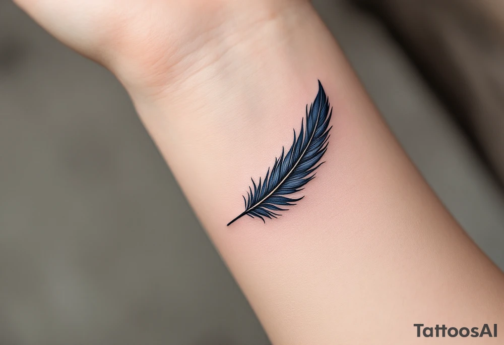 Single Raven Feather – Long, slightly curved feathers in shades of deep black with hints of glossy navy blue, textured like real plumage, symbolizing mystery and transformation. tattoo idea