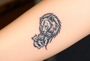 Tribal half male lion half 3 female cubs tattoo idea