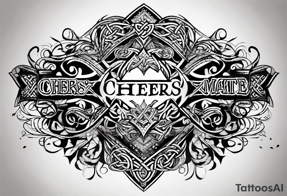 Cheers Mate text, armband +Celtic +Cancer Ribbon +tribal +artistic tattoo idea