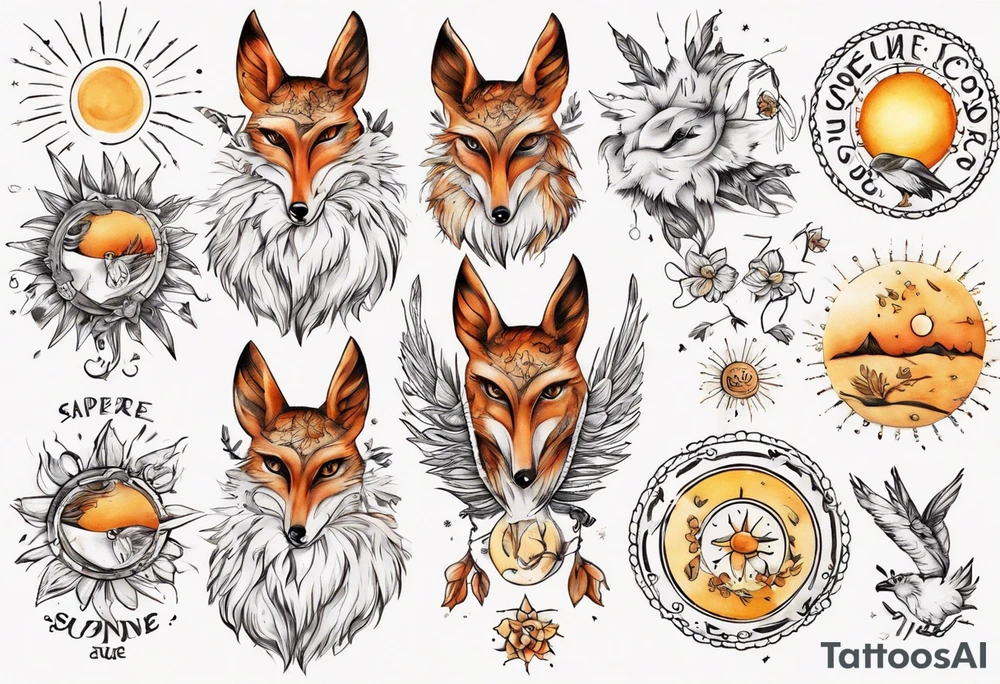 Fuchs und Eule unter der Sonne mit dem Schriftzug Sapere Aude tattoo idea