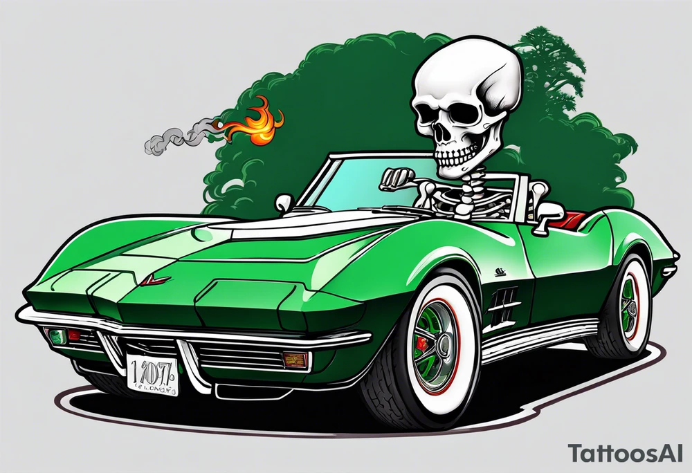 Skeleton smoking a cigarette driving a green 1976 convertible Corvette tattoo idea