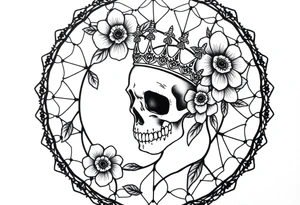 Mandala dream catcher with detailed beautiful gothic boho flowers on vine and skull with gorgeous crown tattoo idea