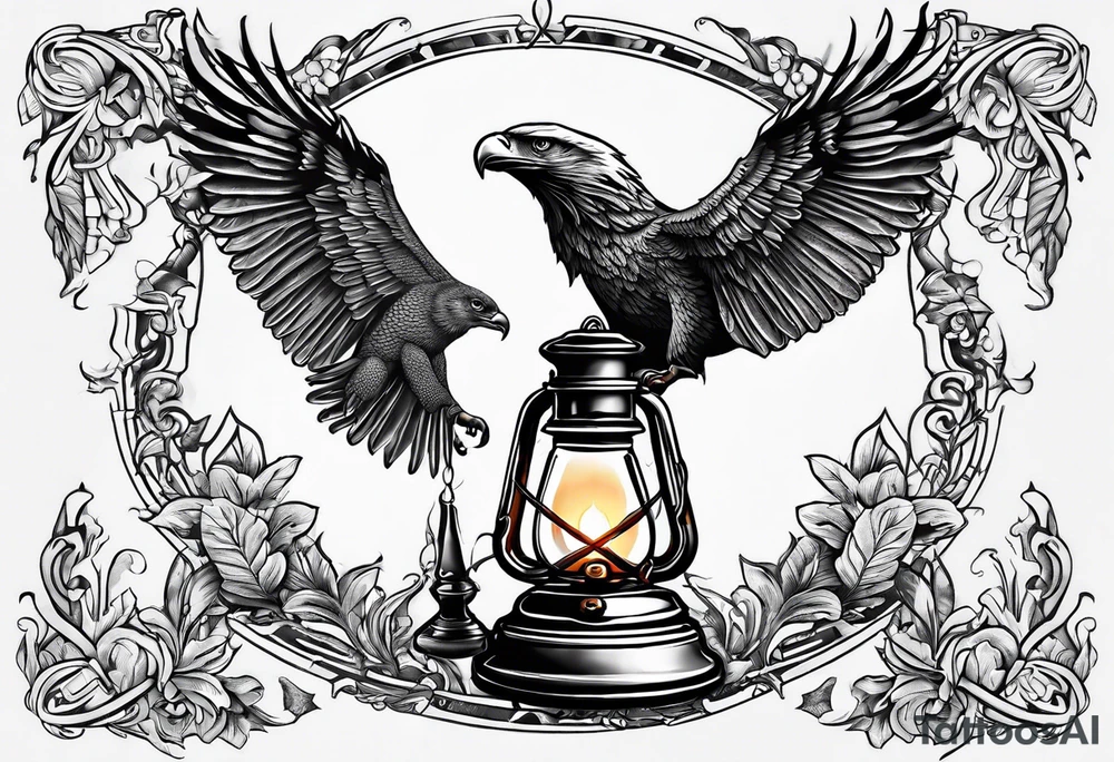 Oil lamp with an eagle next to it tattoo idea
