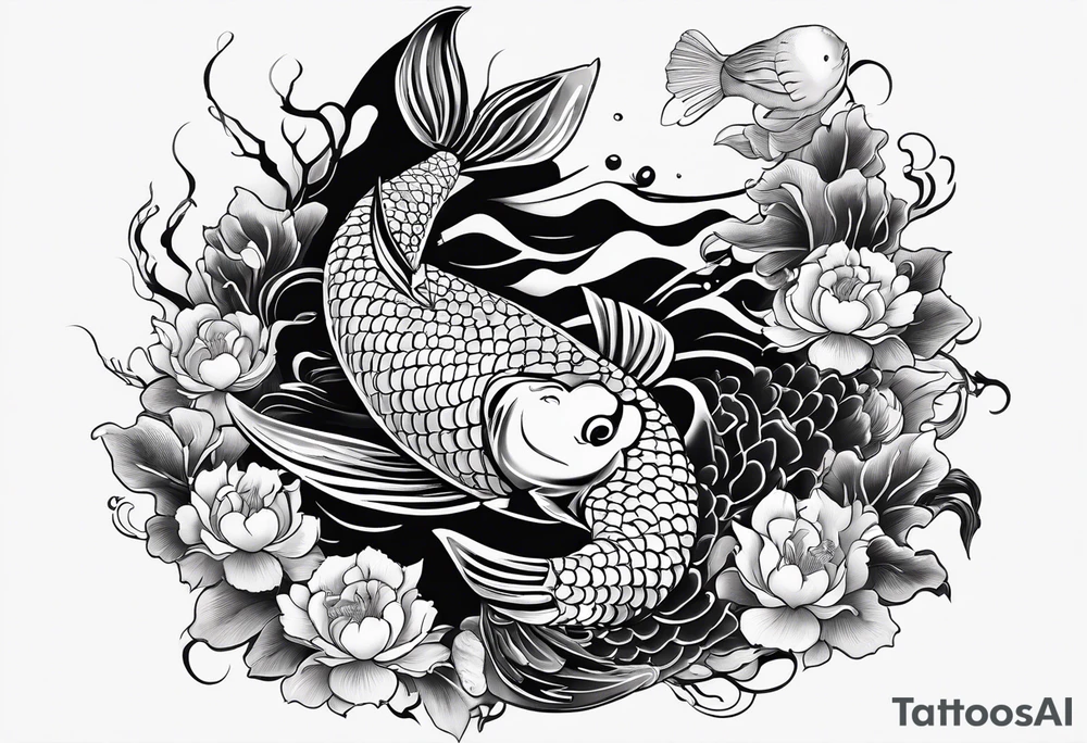 koi fish main focus, deer gourd crab chicken and shrimp on side tattoo idea