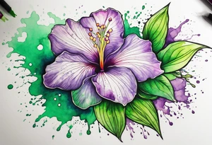 An outline of an only green rio dipladenia flower and a green and purple watercolor splash in the background tattoo idea