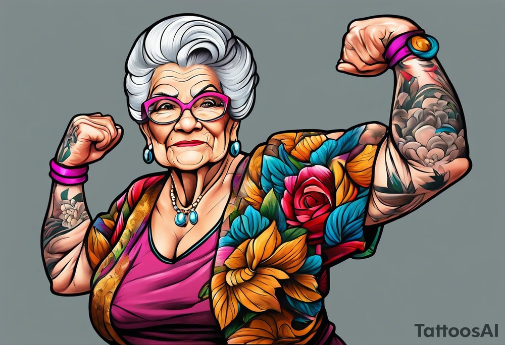 Muscular old lady showing off muscles. tattoo idea