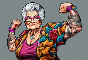 Muscular old lady showing off muscles. tattoo idea