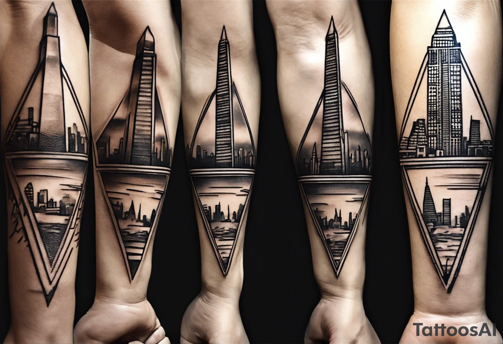 Create a visually dynamic tattoo that seamlessly blends the timeless elegance of the three Pyramids of Giza with the modern allure of the Manhattan skyline. Envision the pyramids standing majestically, perhaps incorporating subtle Egyptian motifs like hieroglyphs or an ankh, transitioning smoothly into the iconic structures of New York, such as the Empire State Building and One World Trade Center. tattoo idea